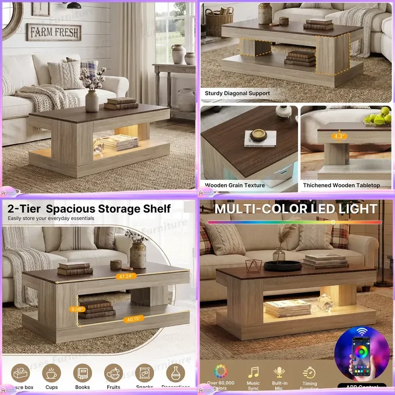 270 Modern Handmade Wooden Coffee Table with APP Control LED Light Two Tone Finish 2 Tier Storage Eco Friendly Living Room