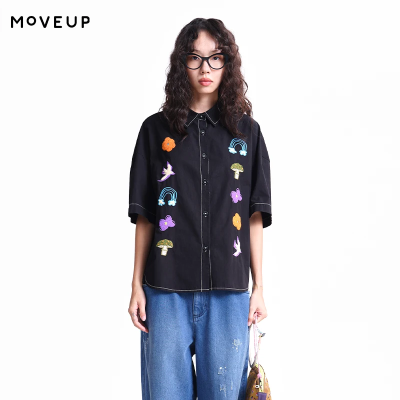 

MOVEUP Embroidered Women Shirt 2026 Spring New Pure Cotton Drop Shoulder Cartoon Embroidery Curved Hem Casual Top 3ELC20416
