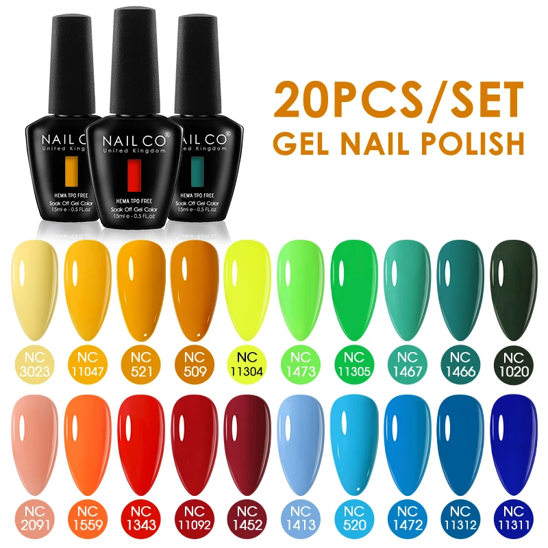 NAILCO 20pcs Set Hema/TPO Free Gel Nail Set Polish Vernis Semi Permanent UV LED Nails Art Manicure Gel Professionals Nails 15ml