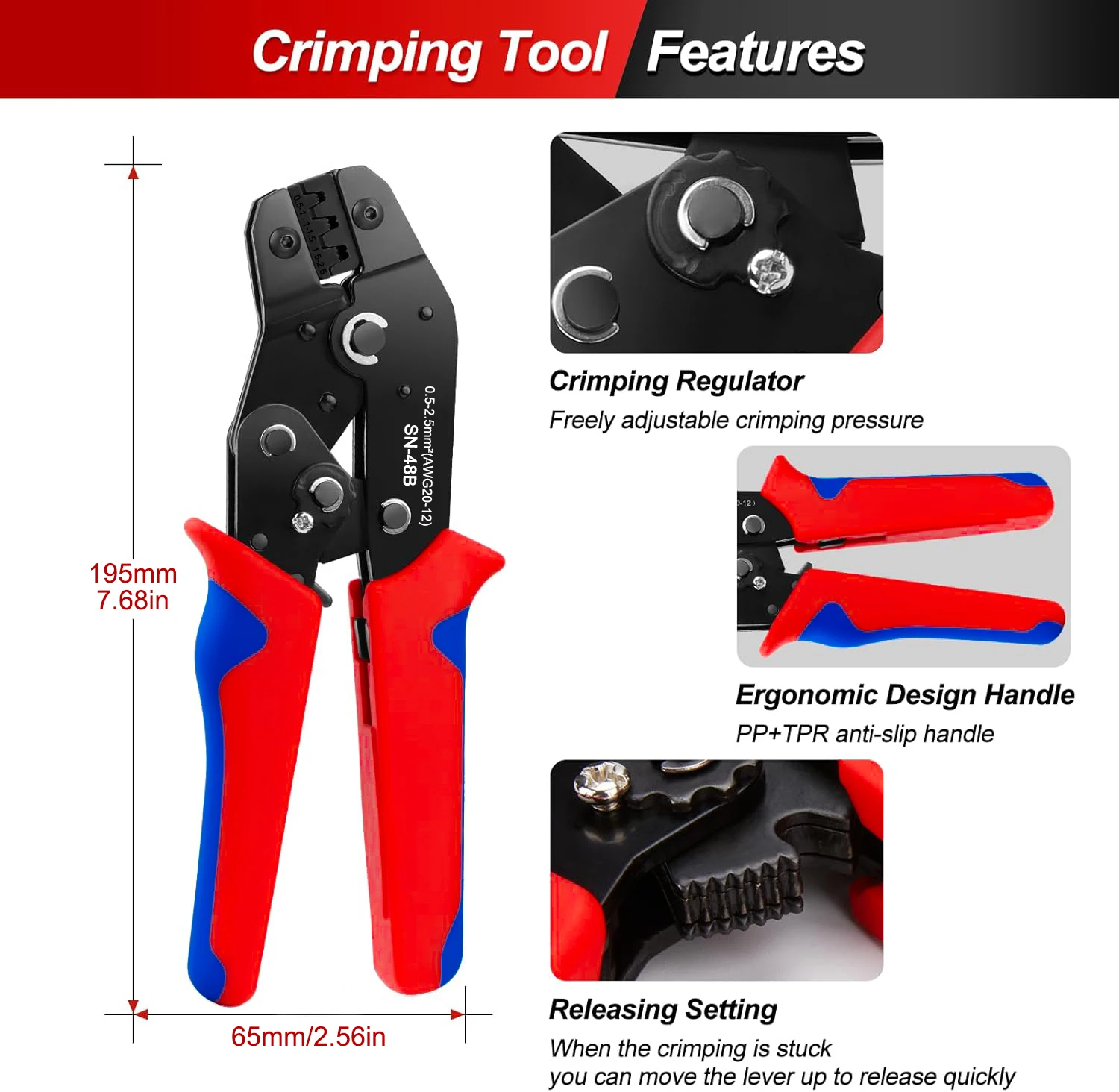 Open Terminal Connector Crimping Tool Kit,2.8/4.8/6.3mm AWG24-12 Crimper for Connectors,Male Female Spade and Ring Terminal