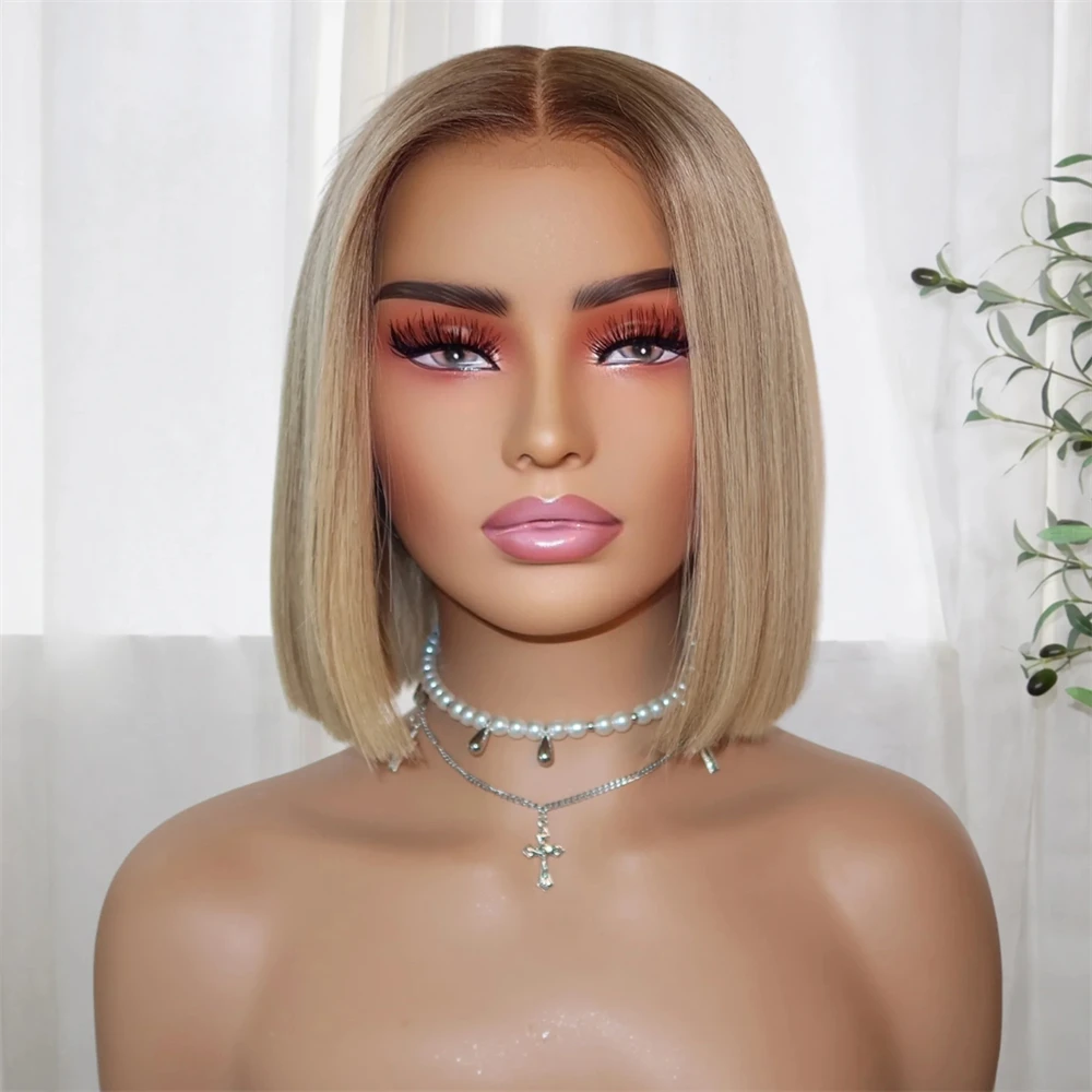 Natural Preplucked Hairline High Quality Synthetic Wig 13x4 Ombre Golden Blonde HD Lace Front Wig Soft Straight Bob 180% Density