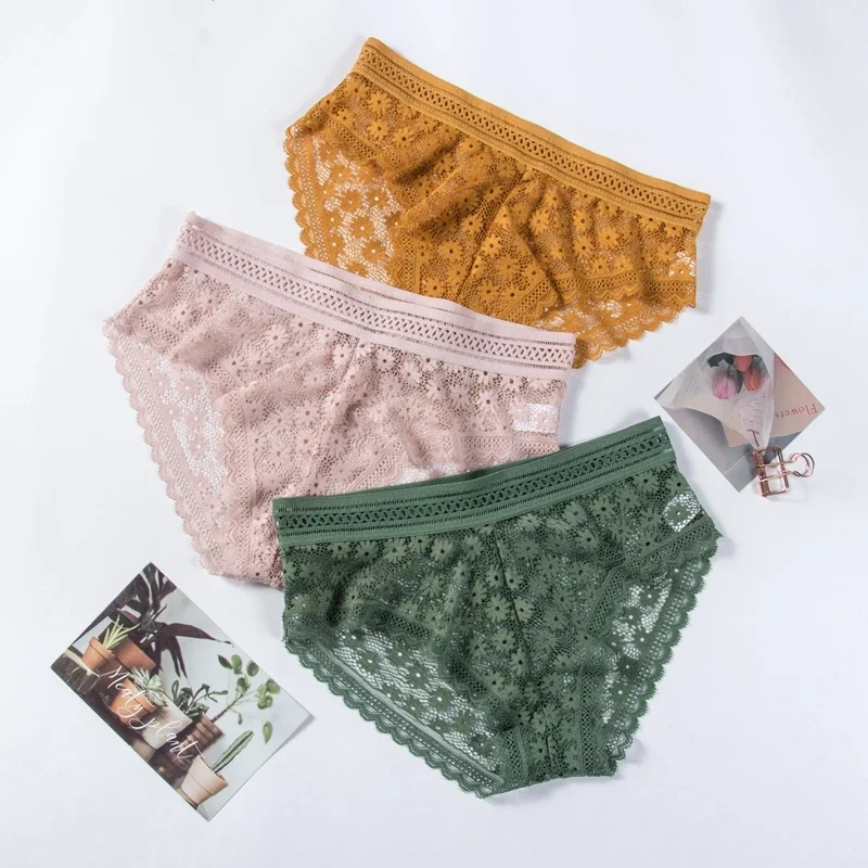 

3pcs Sexy Lace Panties For Women Underwear Fashion Lingerie Breathable Hollow Out Underpants Female Low-Rise Daisy Briefs