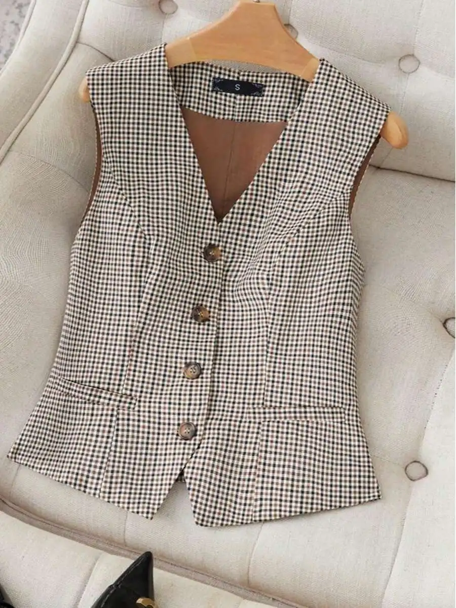 

Женский клетчатый жилет с пуговицами и карманами, повседневный, весна-осень