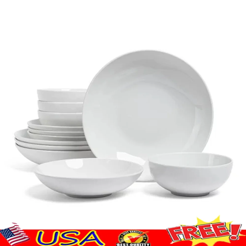 

12pc White Glossy Hand-Finished Porcelain Dinnerware Set Service 4 Dishwasher Microwave Safe Coupe Design Bowls