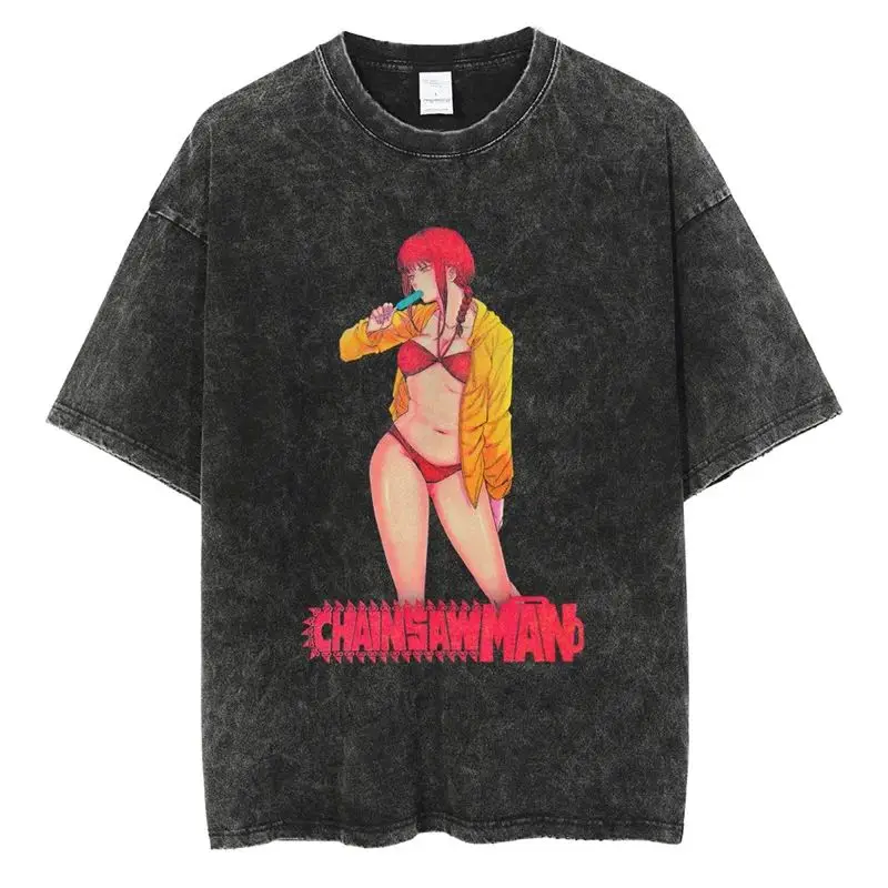 2026 Anime Chainsaw Man Bedrucktes T-Shirt für Herren und Damen, gewaschenes T-Shirt, hochwertiges Vintage-Baumwoll-T-Shirt, Harajuku Y2K Oberteile