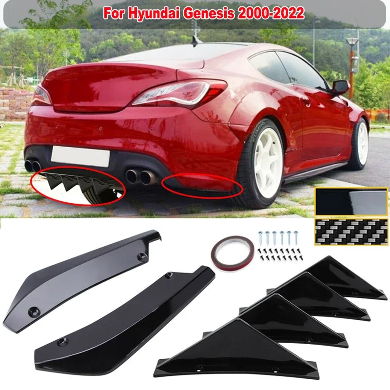 

Universal Rear Bumper Splitter Cover + Diffuser Shark Fin Spoiler Sticker Set For Hyundai Genesis 2000-2022 6PCS Car Accessories