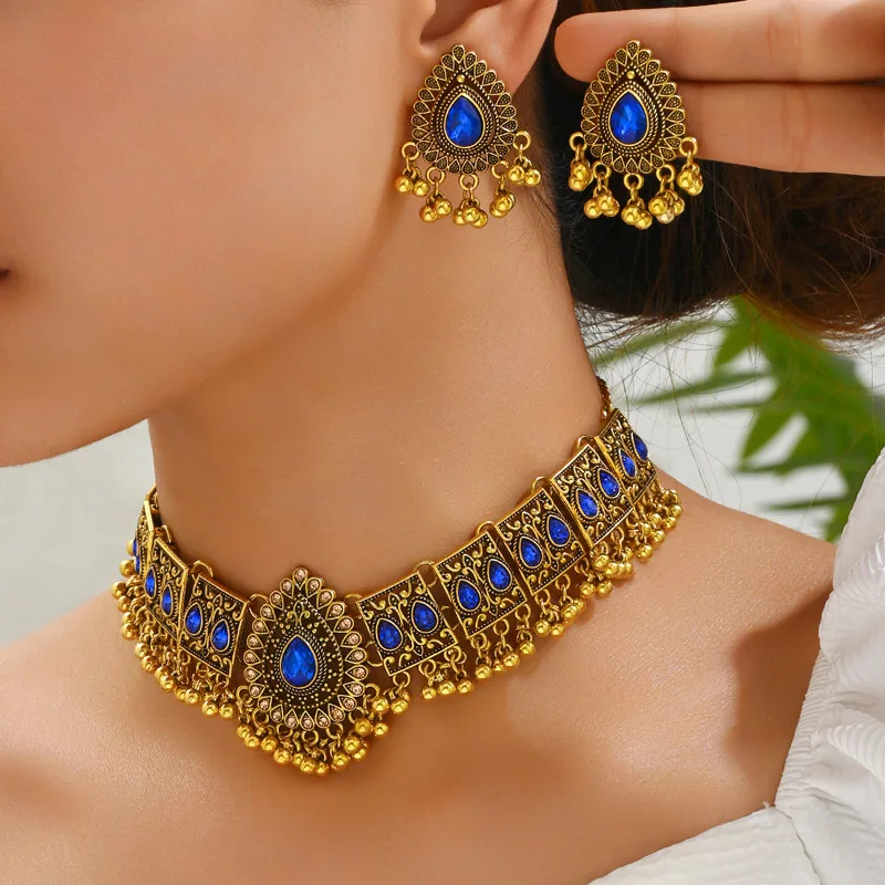 New Vintage Jewelry Set For Women Tassel Beads Pendant Jewelry Sets Colorful Stone Decoration Necklace Earrings Set For Women