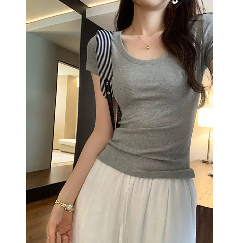 Camiseta informal de algodón para mujer, camisetas de manga corta, ropa de moda para mujer, camiseta básica ajustada con