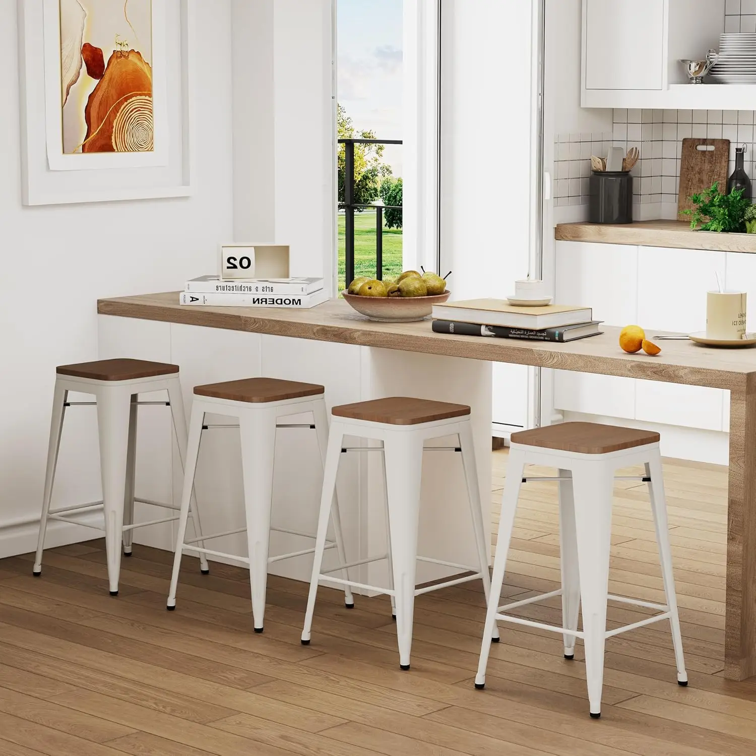 24" Backless Metal Bar Stools Set of 4 Industrial Stackable Counter Height Stools for Kitchen Island Barstools with Wood Seat