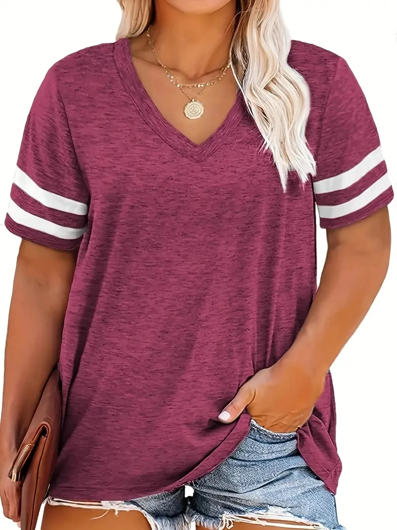 Plus Size Women's Colorblock V Neck T-shirt Summer Short Sleeve Casual Tee Tops