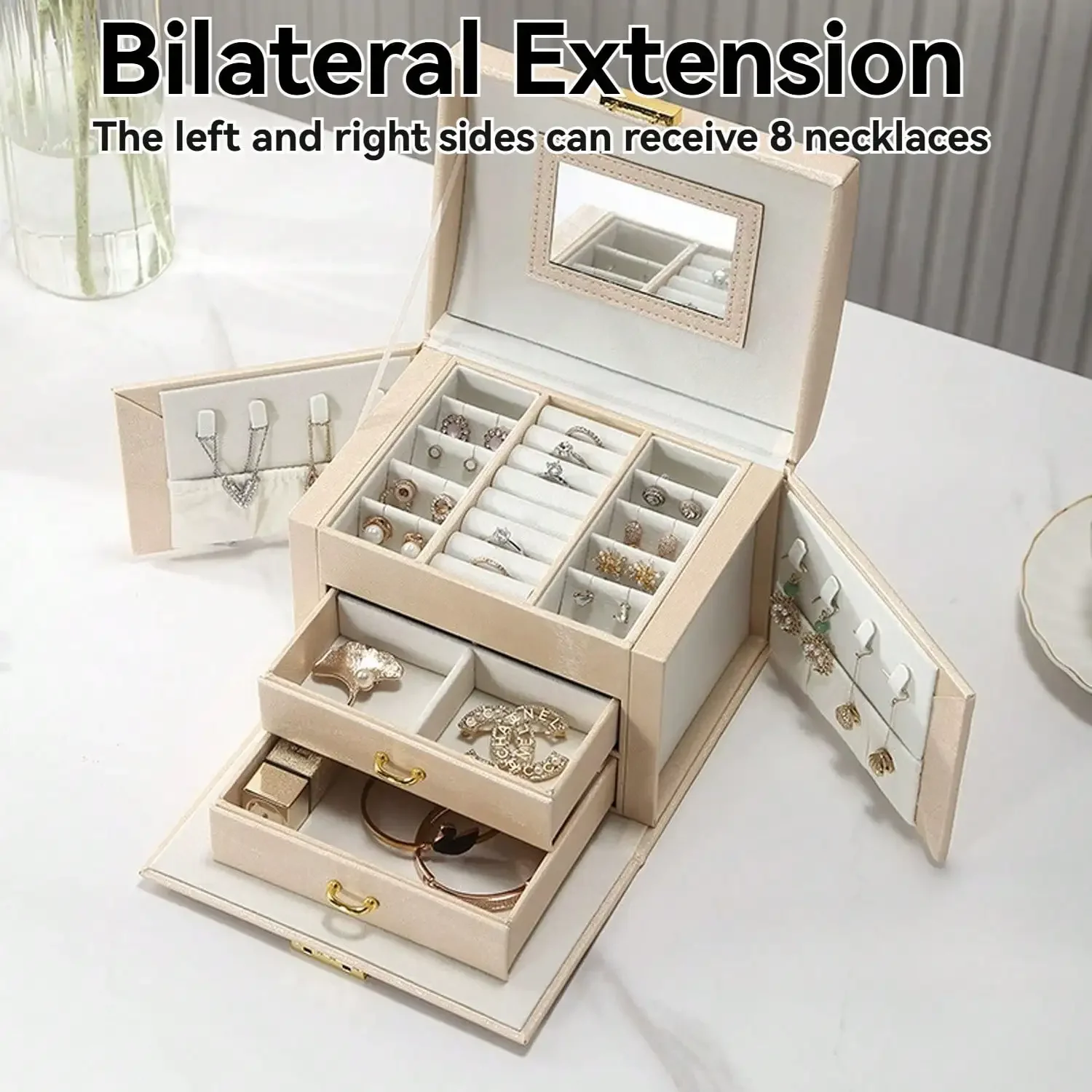 

Шкатулка для драгоценностей, 2-слойная шкатулка для хранения ювелирных изделий для ожерелий, браслетов, колец, часов, искусственной кожи, 2 ящика, с зеркалом и ручкой