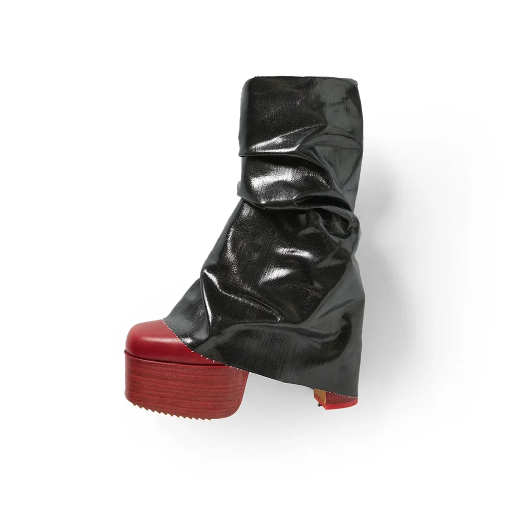 Avant-Garde Style Black Ruched Patent Leather Platform Boots Red Toe Oversized Slouchy Design Casual Chunky Heels Ankle Boots