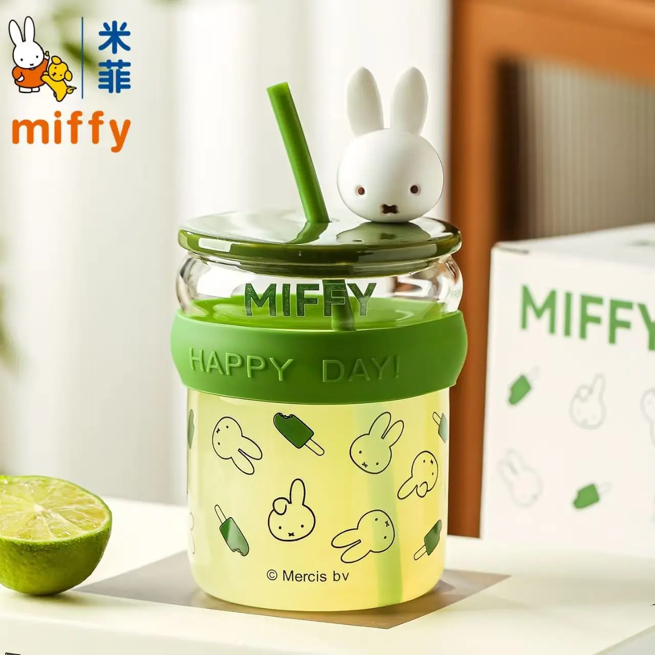 

Cartoon Miffy Rabbit Glass Straw Cup Breakfast Milk Cup with Lid Cute Exquisite Fashion High Appearance Creative Birthday Gift