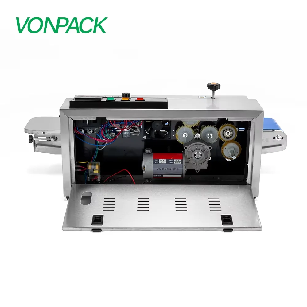 VONPACK FR-900 آلة ختم شريط الفولاذ المقاوم للصدأ المستمر مصنع أفقي فيلم بلاستيكي جهاز غلق أكياس الطعام مع توقف الطوارئ