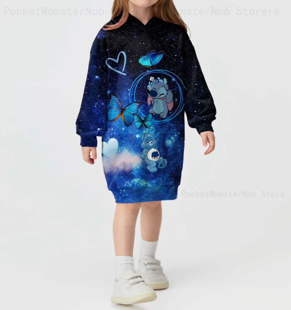 

Children's Hoodies Autumn and Winter Cute Disney Stitch Pattern Print Kids Girls Clothing Fashion Hoodies Dress