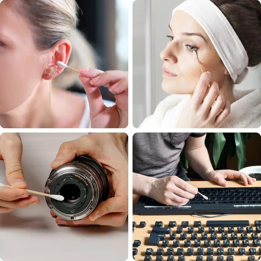 1000本入りオーガニックコットン綿棒、両端使用可能、生分解性コットン、丈夫な竹製スティック付き、耳掃除、メイクアップ、衛生用