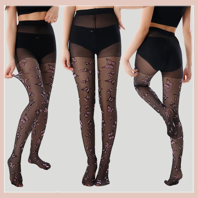 Neue Strumpfhose für Damen, nahtlos, mit Schmetterlings-Jacquardmuster, sexy, schwarz, dünn, hochelastisch, ultradünne Sommerstrumpfhose