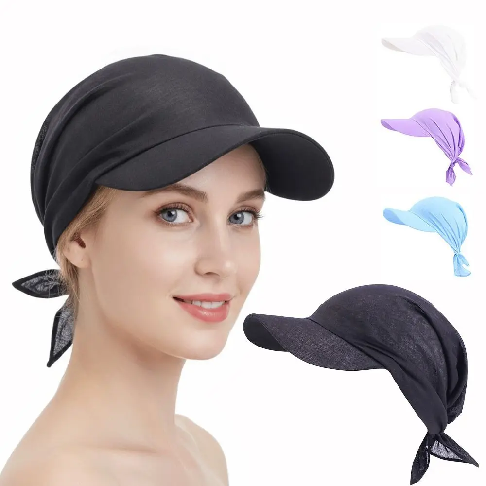 Fashion Brim Design Sun Visor Hat Pre-Tied Style Pure Color Beach Sun Hat Lightweight Breathable Turban Hat Outdoor Summer