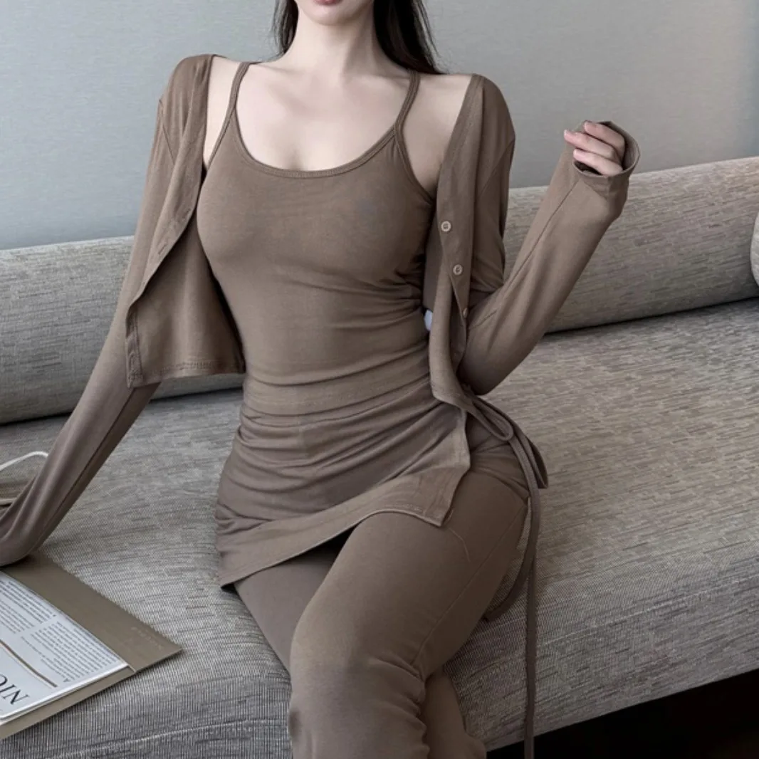 Pure Desire – Ensemble t-shirt avec coussinet de poitrine, gilet, Cardigan, taille haute, pantalon évasé, jupe, automne, Ensemble pour femmes