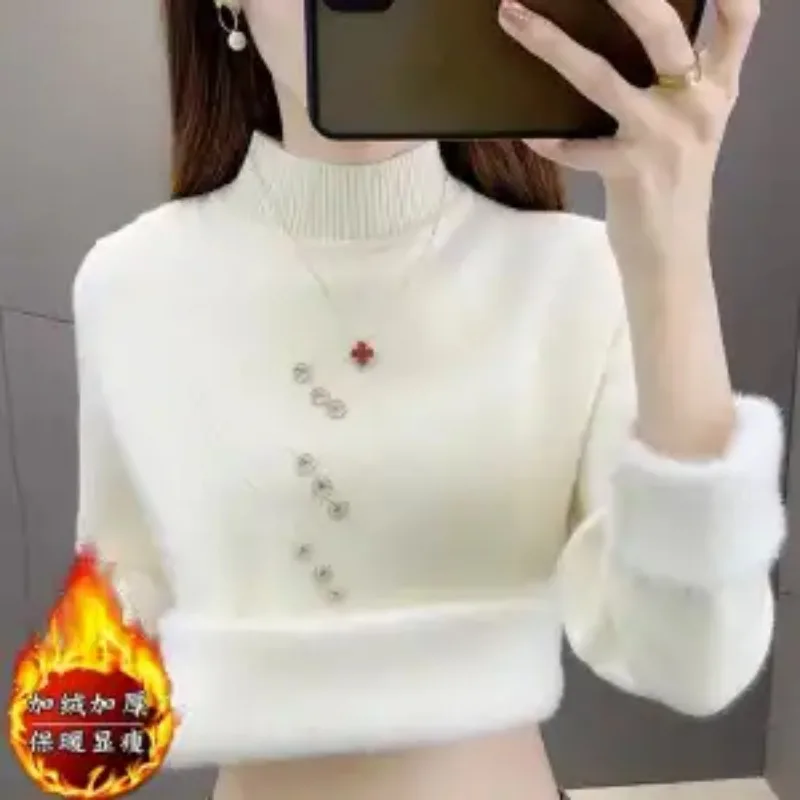 Suéter todo en uno de terciopelo grueso para mujer, nueva camisa de bajo de punto para otoño e invierno, Top de medio cuello alto