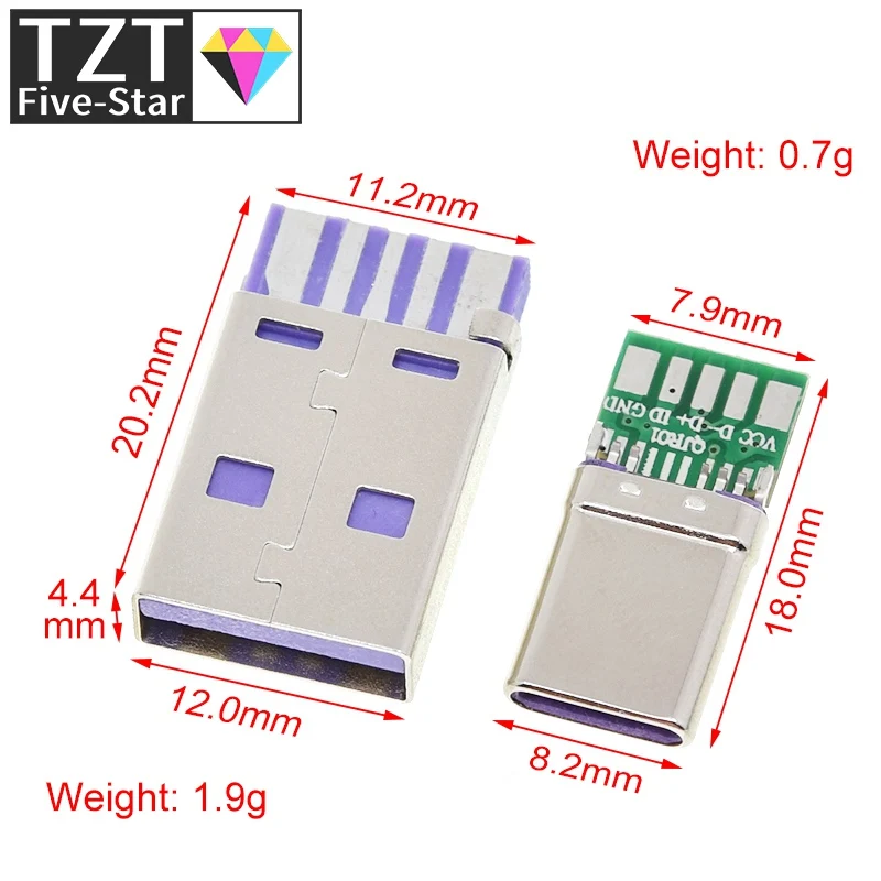 1/5Set PD Fast Charge Type-C USB 65W 5A  Male Connector Welding With 5Pin PCB + Type A Male 5Pin USB DIY OTG Data Charge DIY KIT