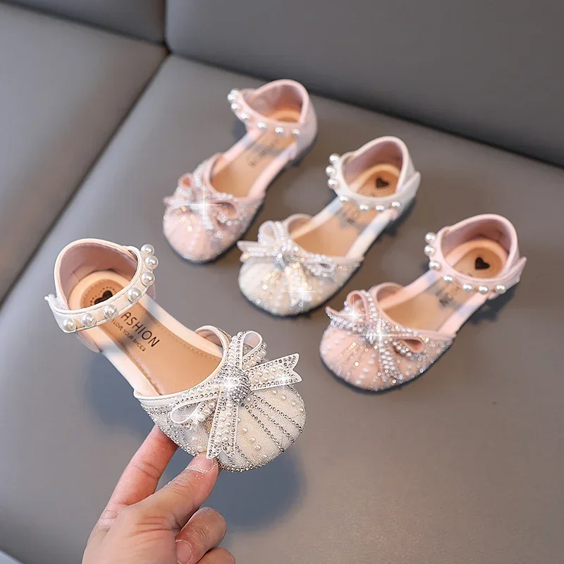 

Baby Girls Princess Shoes New Bow Spring/Summer Stage Cute Students Fashion Crystal Beaded Catwalk Kids Sandals Comfortable