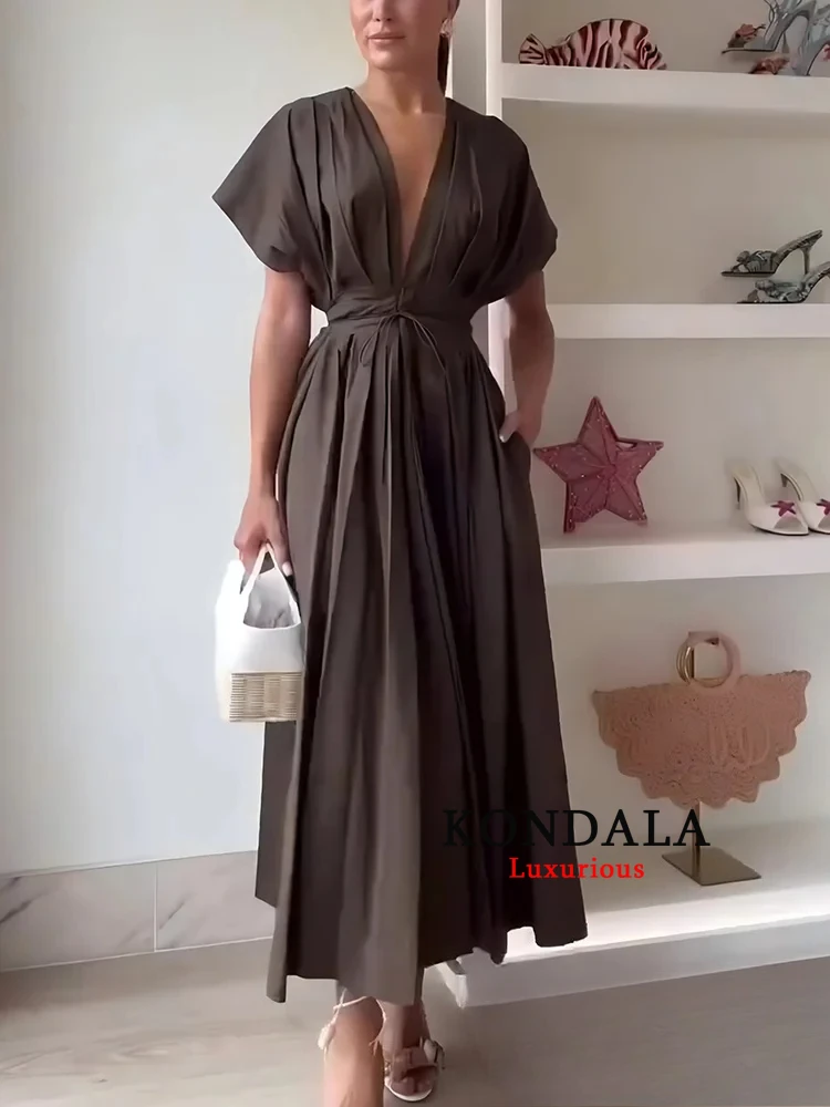 فستان نسائي كلاسيكي أنيق غير رسمي من KONDALA برقبة على شكل حرف v وأربطة ثنيات طويلة موضة صيف 2025 فستان فضفاض قابل للطي للعطلات