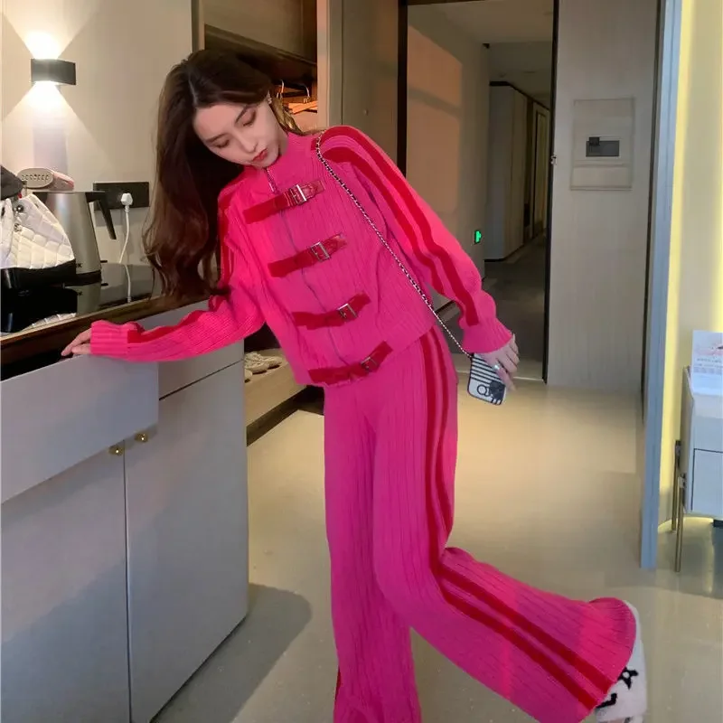 Women Clothing 2022 Spring Autumn Women Suits Office Sets Temperament Fashion Red Wide Leg Pants Goddess Sweater Two Piece Sets