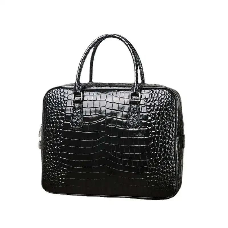 Sac messager en cuir véritable motif crocodile pour ordinateur portable, étuis à bombes, étui à bombes d'affaires, grande capacité, cuir de vachette pour homme, ordinateur