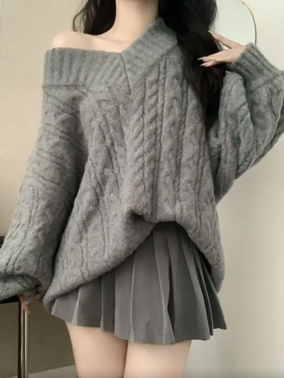 Autumn Winter Women's Knitted Sweater And Pleated  Skirt Set V-Neck Loose Fit Two-Piece Ensemble Casual Fashion Ensemble
