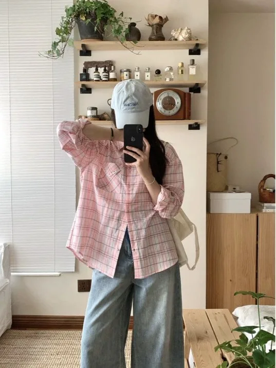 

Casual Pink Plaid Long Sleeve Shirt Sun Protection Loose Design Outerwear New Style Women's Collar Mid-Length Composite ...