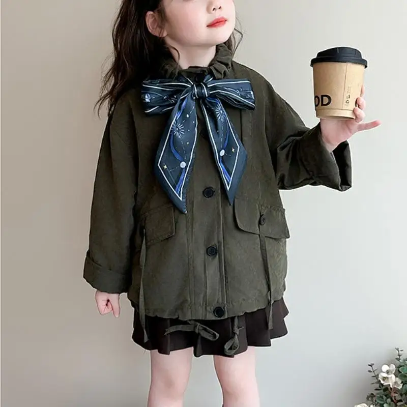Fashionable Trendy Girls' Outerwear for Autumn New Girls' Korean Version Coat Children's Double Breasted Mid Length Trench Coat