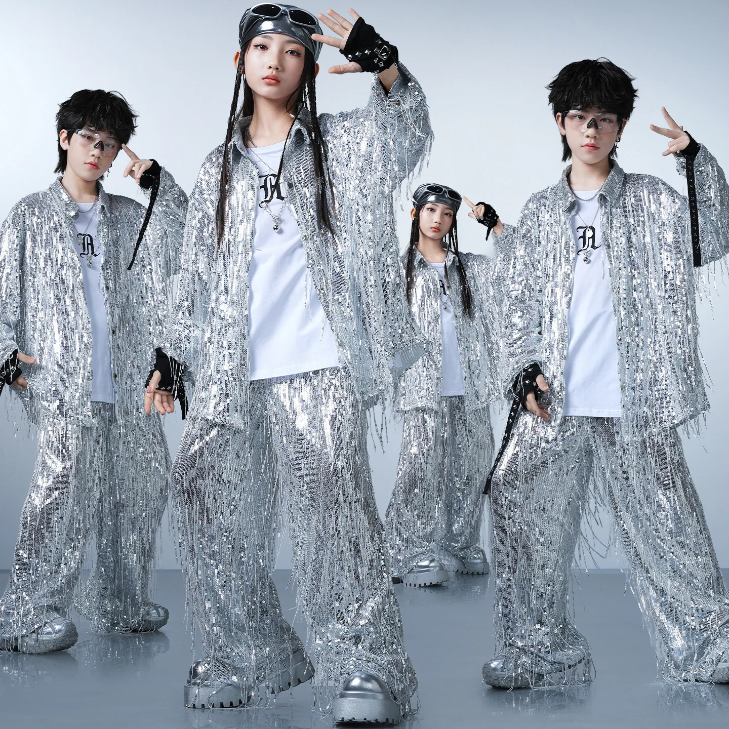 Kids Sequin Hip Hop Set, Silver Top Pants Kpop Performance Outfit Boys Street Dance Drum Show childen Jazz Dancewear Boys Girls