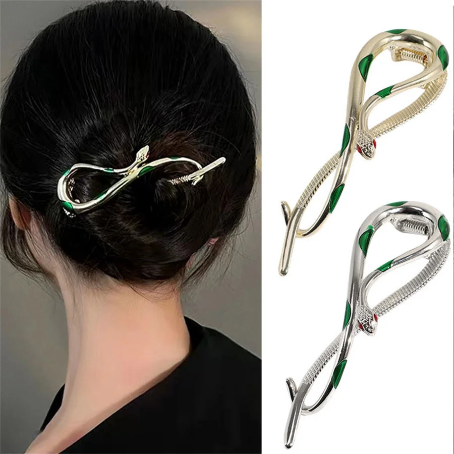 

New high-end metallic green snake twisted one-length clip women's back head hair clip Korean style fashion hair accessories
