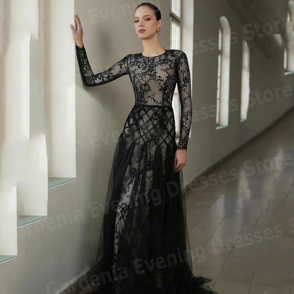 Hermosos vestidos de noche de una línea para mujer, vestidos de fiesta con cuello redondo, vestidos de encaje de manga larga personalizados, vestido de fiesta