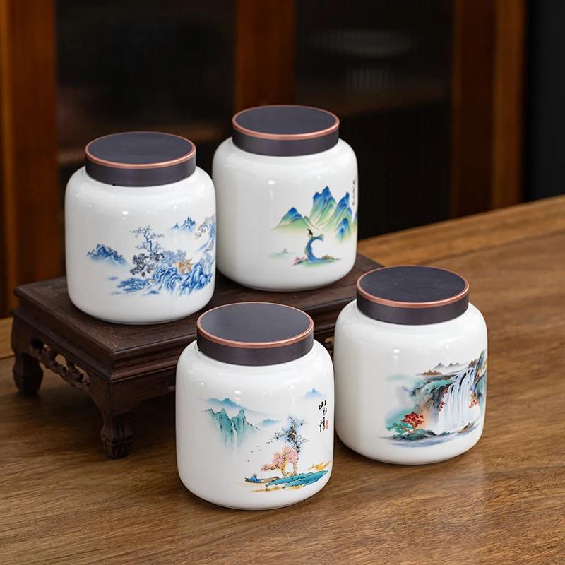 

Керамическая банка для хранения с креативным пейзажным узором, крышка из сплава, герметичная бутылка, банка для хранения чая, кофейных зерен, современные поделки, украшение для дома