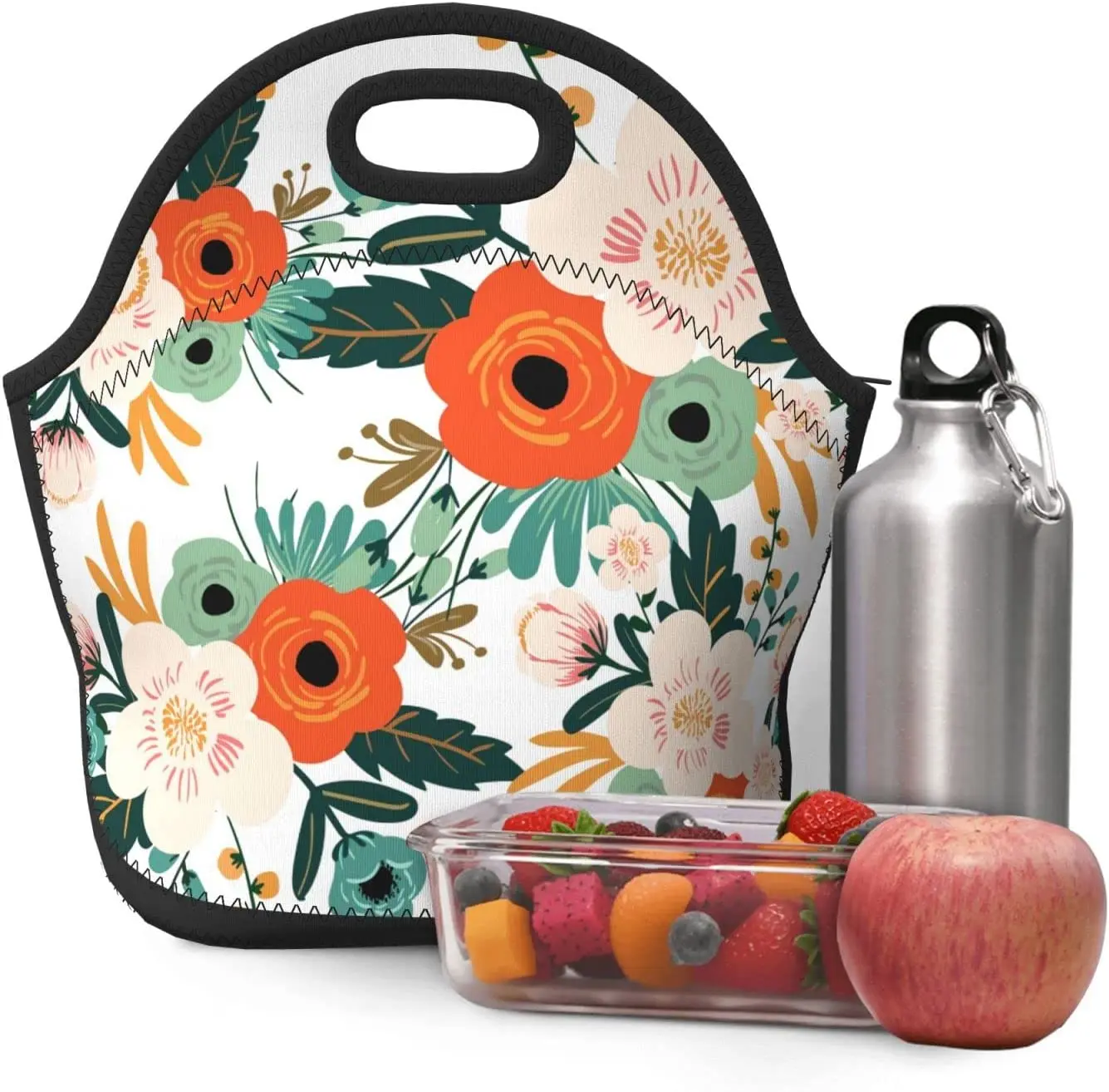 Orange Flowers Neoprene Lunch Bag, Insulated Lunch Box for Women, Reusable Lunch Tote Bags with Zipper for Work School Picnic