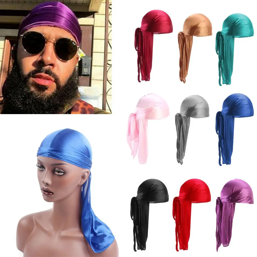 Pre-Tied Silk Durag Fashion Polyester Elastic Head Scarf Adjustable Head Wrap Men Women