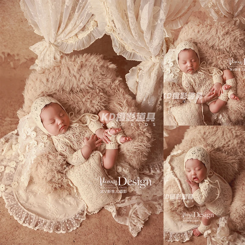 

Vintage Style Newborn Photography Outfit Baby Knit Jumpsuit Romper + Hat + Socks for Photoshooting, Christening, Baby Shower