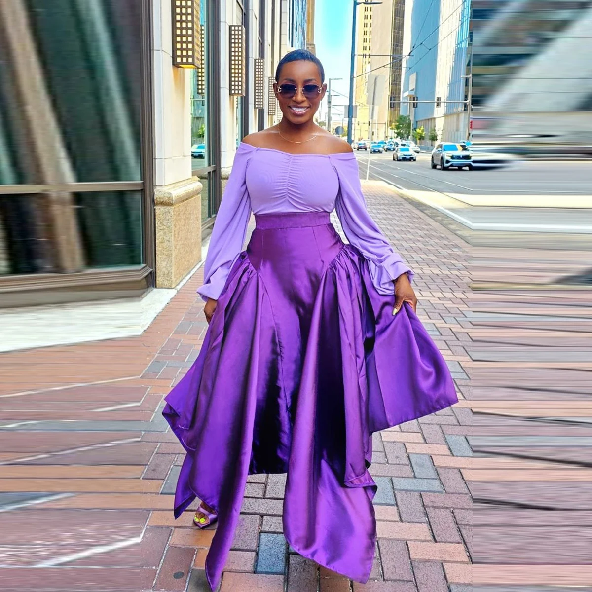 

Purple A Line High Low Skirts Women High Street Office Lady Maxi Skirt Without Top Female Satin Women Saias