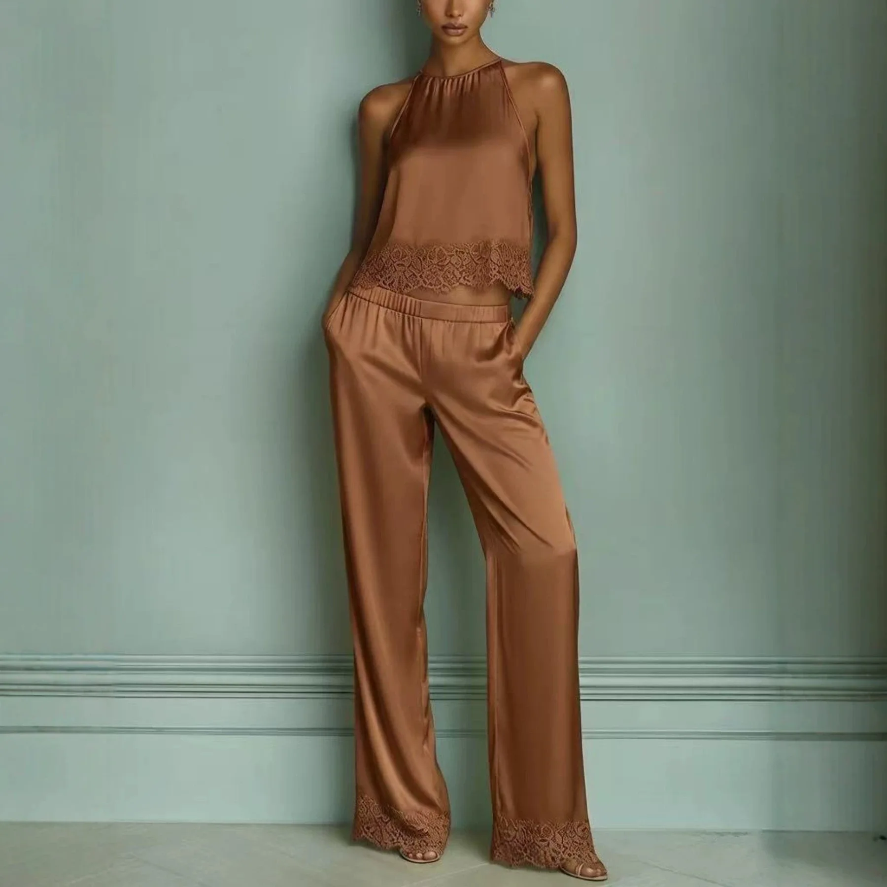 (az Self-developed) 2026 New Satine Lace Roll Pure Desire Erotogenic Camisole + Wide-leg Pants. Set Sexy Boho Lace