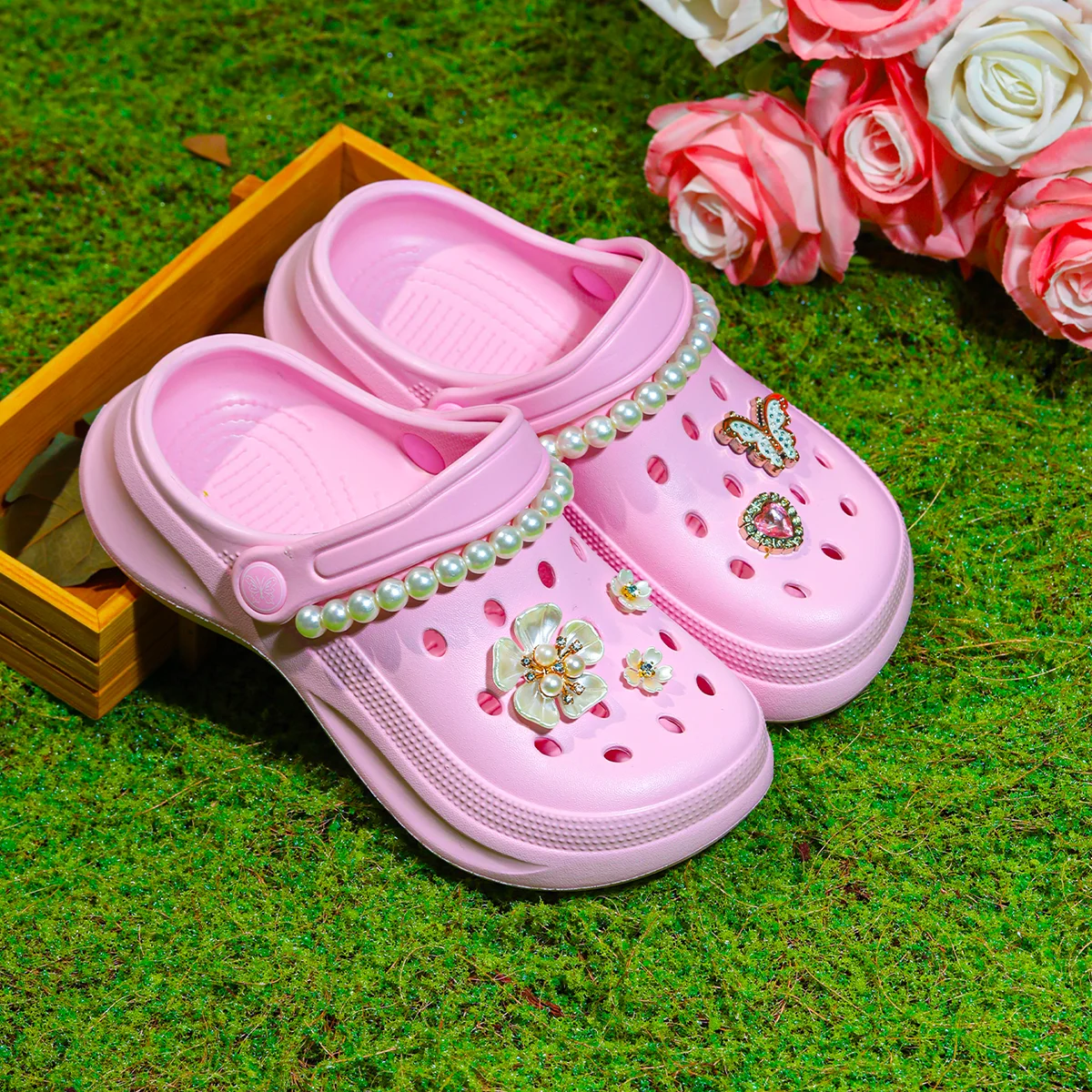 Cute Clogs for Teens - Breathable Non-Slip Garden and Beach Shoes with Sparkling Butterfly and Pearl Decorations, Lightweigh 168