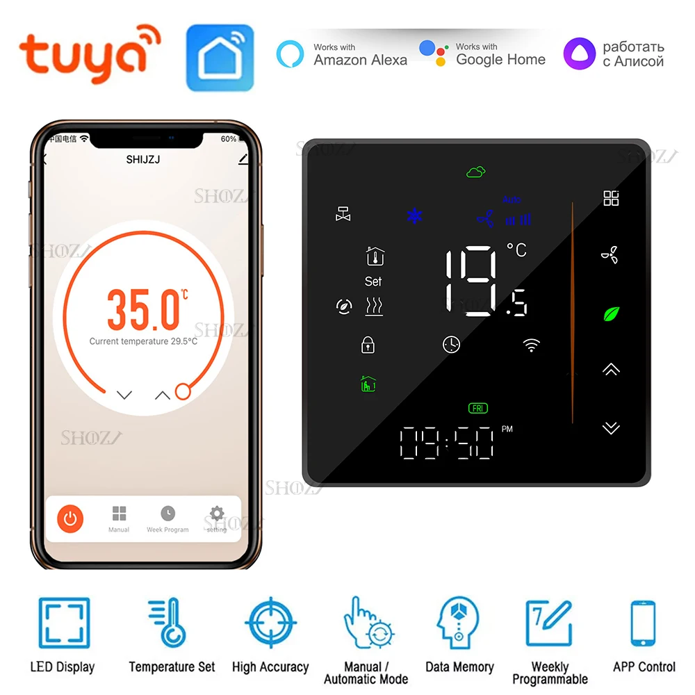 Termostato Zigbee e Wi-Fi e MODBUS TUYA per Unità Fan Coil, 2P/4P, Funzione Raffreddamento/Riscaldamento, RS485 95-240V, Controllo Intelligente HVAC