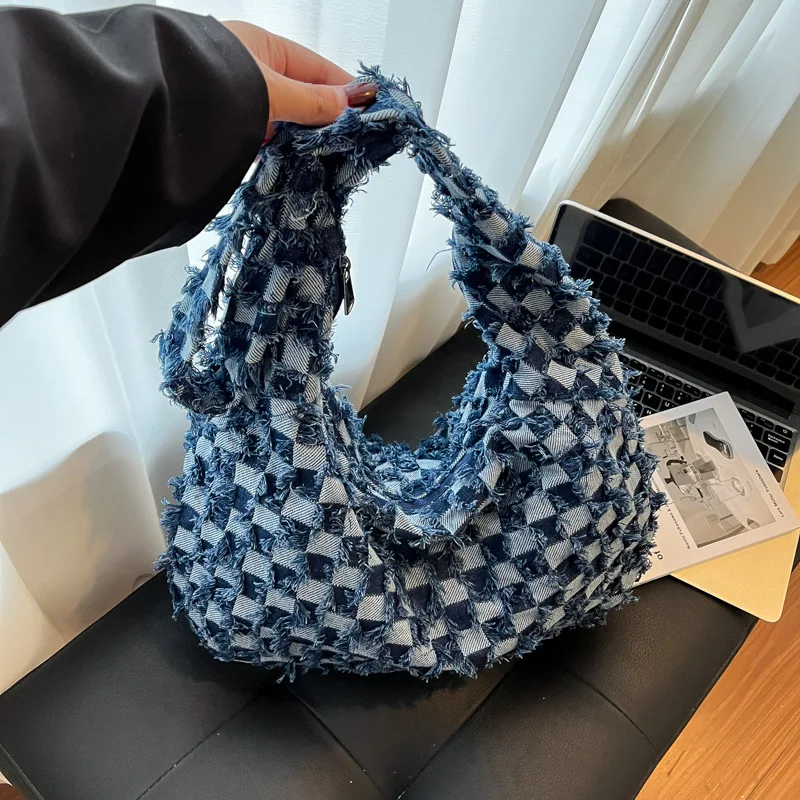 

Лидер продаж, повседневные сумки на плечо с швейными нитками для женщин, клетчатая сумка через плечо с бахромой, модная мягкая джинсовая сумка на молнии