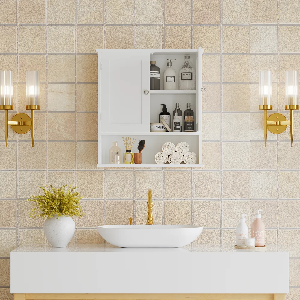 Bathroom Wall Cabinet with Door, Over Toilet Storage Cabinet with and Adjustable Shelves, 3-Tier Medicine Cabinet Wall Mounted, for Bathroom, Kitchen, Entryway, Laundry Room, White