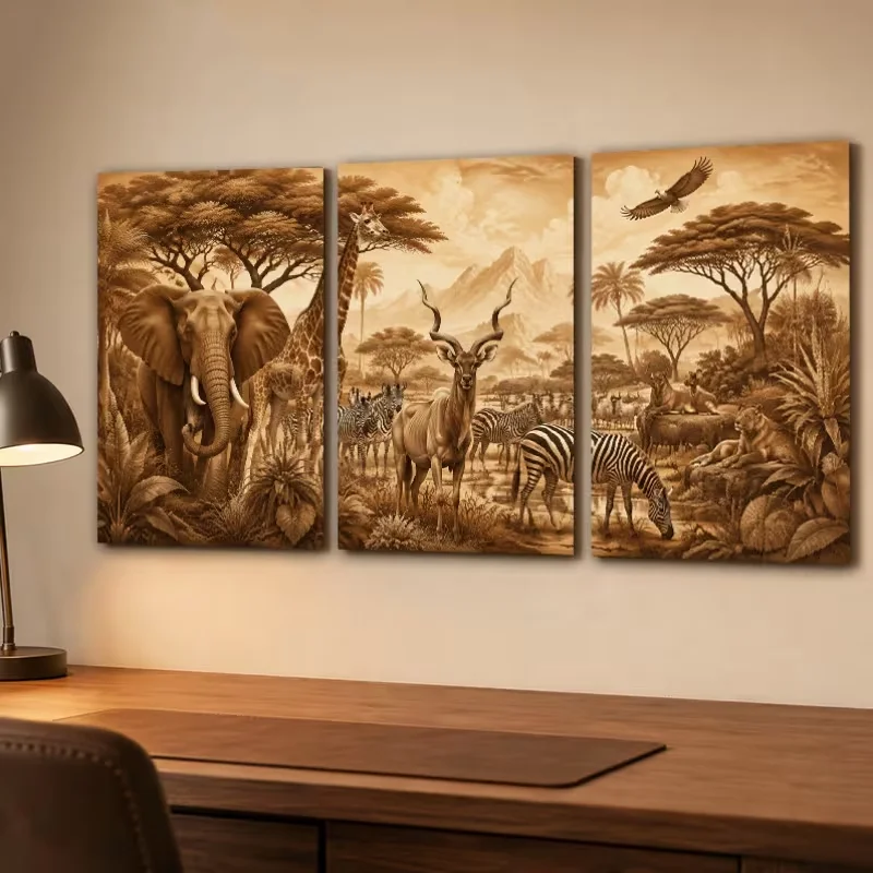DIY Diamond Painting 3Pcs Art African Wildlife Hunting Animals Elephant Giraffe Lion Full Square Round Mosaic Diamond Embroidery