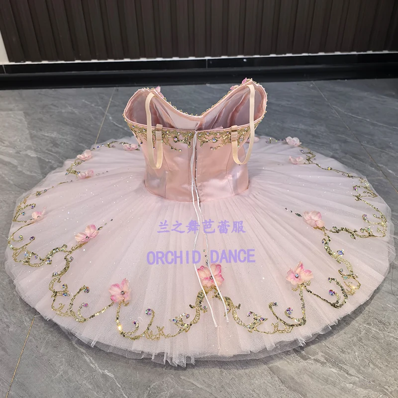 Women nude pink satin V-neck spaghetti strap corset professional tutu ballet costume gilded scroll iridescent rhinestone 3D pink