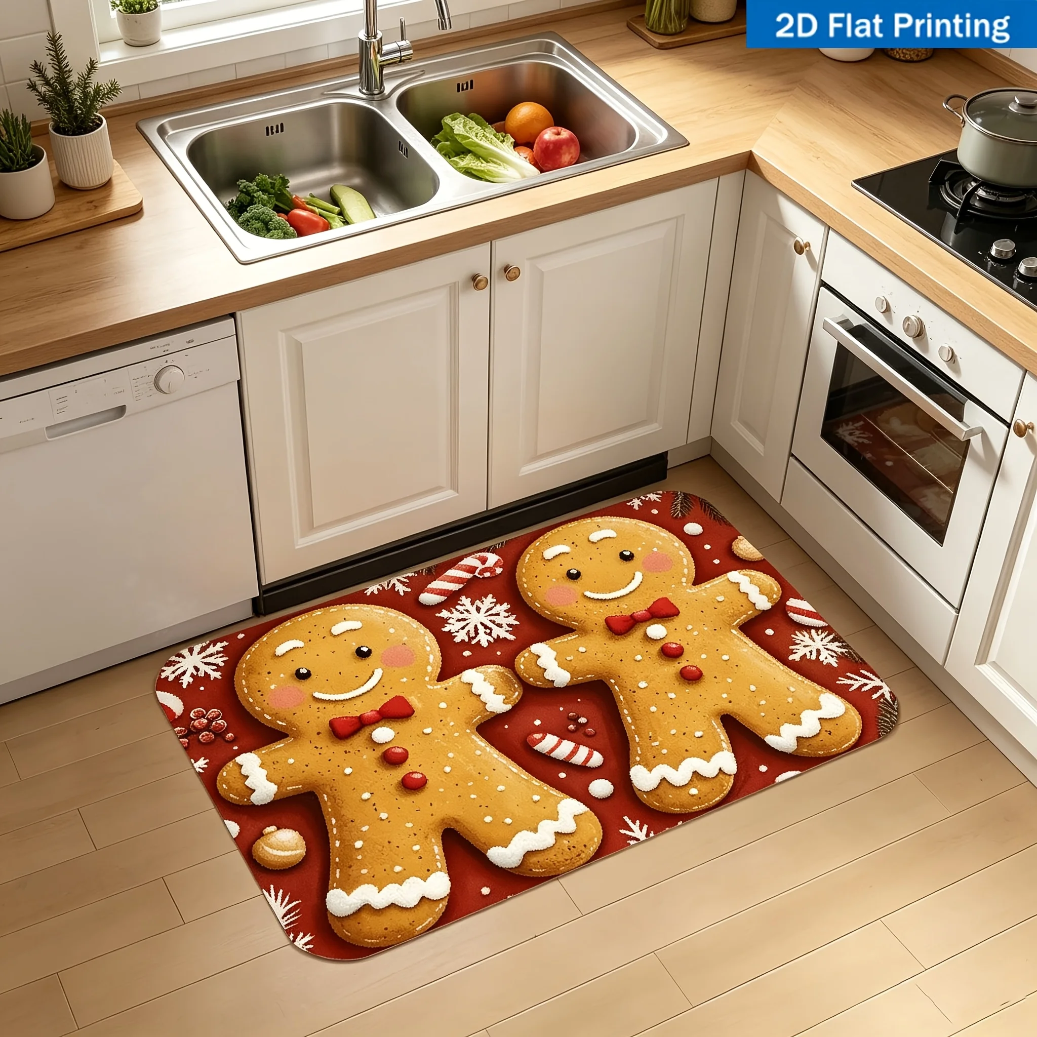 1pc 2D Flat HD Gingerbread Man Area Rug, Red Background With Candy Cane, Berries & Snowflake Print, Non‑Slip Decor Mat