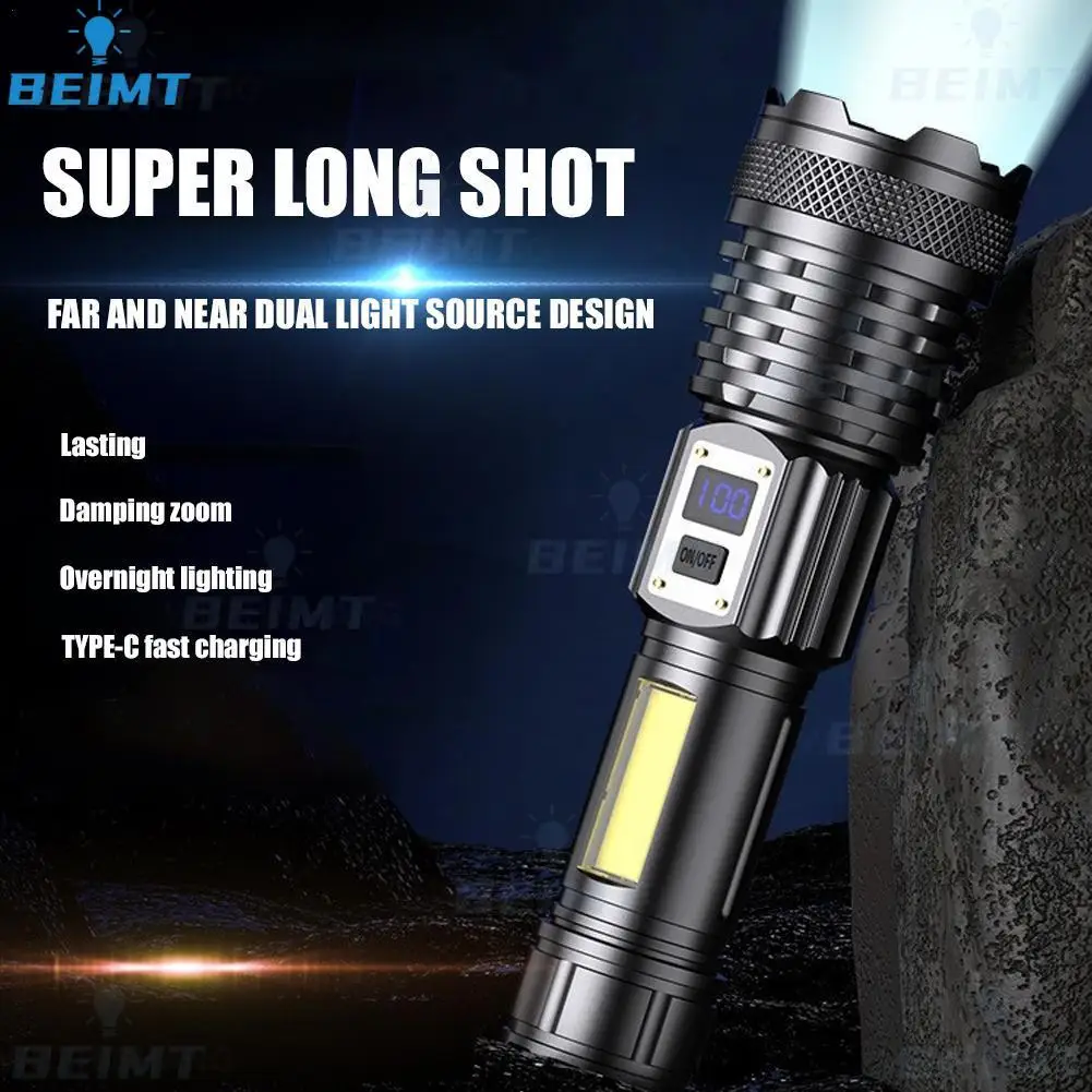 

Powerful White Laser LED Flashlight Built-in Battery USB Rechargeable Zoom Torch With Power Display Outdoor Tactical Flashlights
