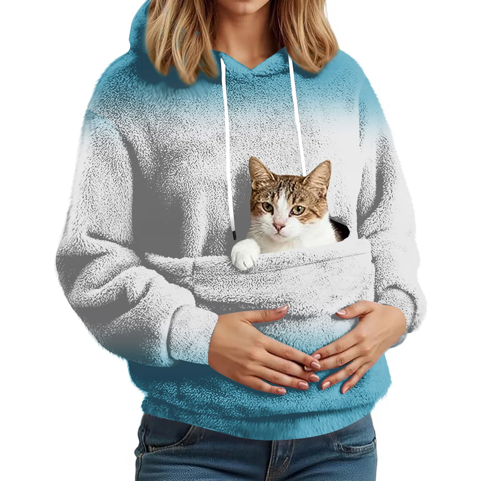 女性のファッショナブルなカジュアルフリース裏地付き長袖ポケット付きフード付きプリントスウェットシャツ女性服冬服女性